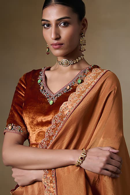 Shop_Saundh_Orange Viscose, Velvet Embroidery, Beads, Stones Border Saree And Blouse Piece_Online_at_Aza_Fashions