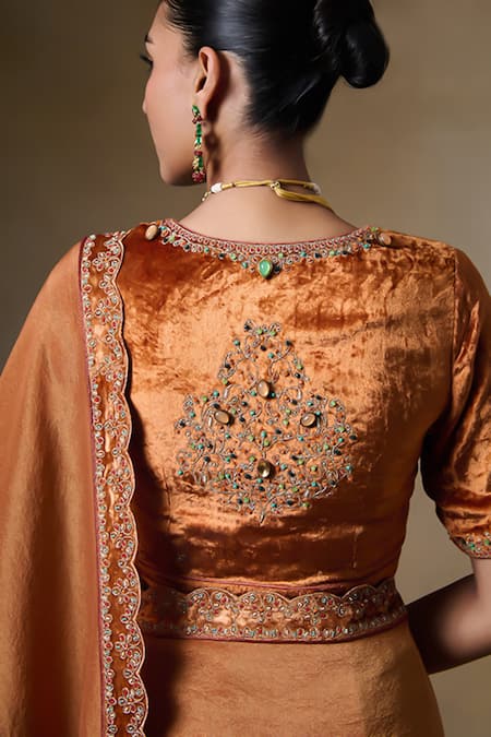 Saundh_Orange Viscose, Velvet Embroidery, Beads, Stones Border Saree And Blouse Piece_at_Aza_Fashions