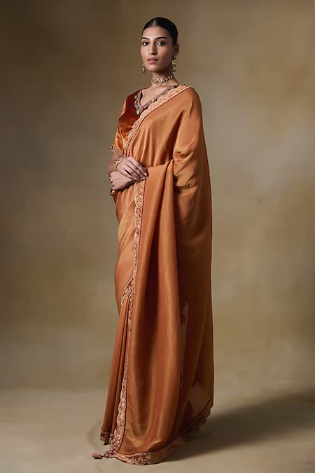 Buy_Saundh_Orange Viscose, Velvet Embroidery, Beads, Stones Border Saree And Blouse Piece
