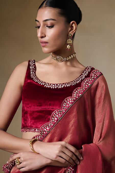 Saundh_Maroon Viscose, Velvet Mirrors, Stones, Beads Mirrorwork Embroidered Saree Set_Online_at_Aza_Fashions