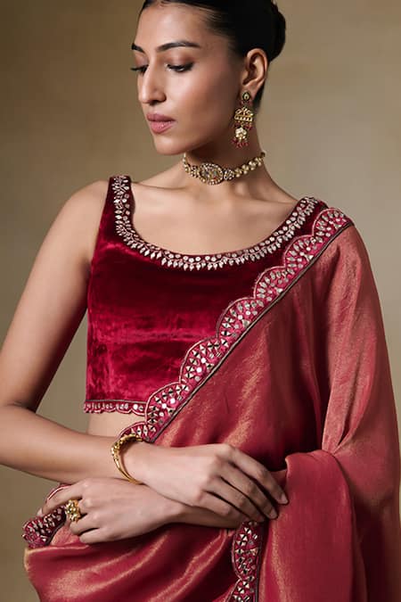 Buy_Saundh_Maroon Viscose, Velvet Mirrors, Stones, Beads Mirrorwork Embroidered Saree Set_Online_at_Aza_Fashions