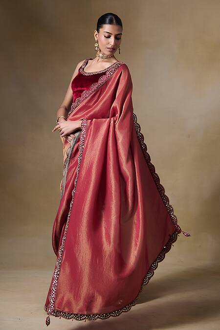 Shop_Saundh_Maroon Viscose, Velvet Mirrors, Stones, Beads Mirrorwork Embroidered Saree Set_Online_at_Aza_Fashions