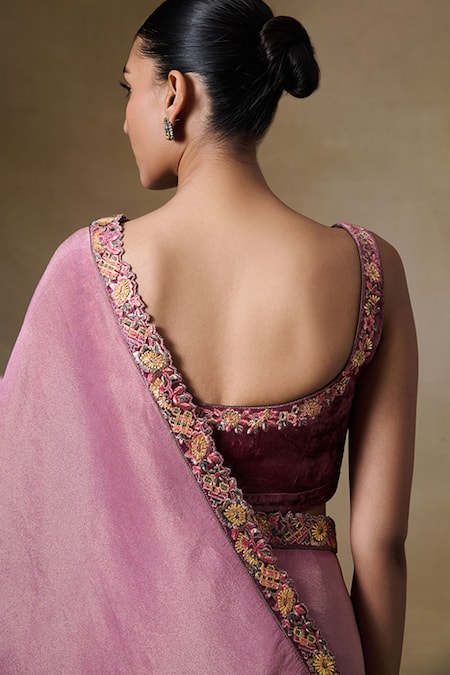 Saundh Pink Viscose, Velvet Gota Patti, Embroidery Round Neck Border Saree Online at Aza Fashions Saundh_Pink Viscose, Velvet Gota Patti, Embroidery Round Neck Border Saree_Online_at_Aza_Fashions