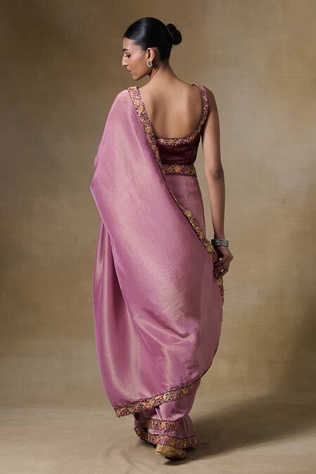 Shop Saundh Pink Viscose, Velvet Gota Patti, Embroidery Round Neck Border Saree at Aza Fashions Shop_Saundh_Pink Viscose, Velvet Gota Patti, Embroidery Round Neck Border Saree_at_Aza_Fashions