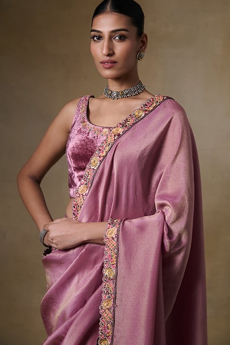 Shop Saundh Pink Viscose, Velvet Gota Patti, Embroidery Round Neck Border Saree Online at Aza Fashions Shop_Saundh_Pink Viscose, Velvet Gota Patti, Embroidery Round Neck Border Saree_Online_at_Aza_Fashions