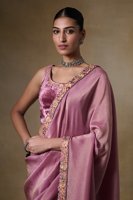 Saundh Pink Viscose, Velvet Gota Patti, Embroidery Round Neck Border Saree at Aza Fashions Saundh_Pink Viscose, Velvet Gota Patti, Embroidery Round Neck Border Saree_at_Aza_Fashions