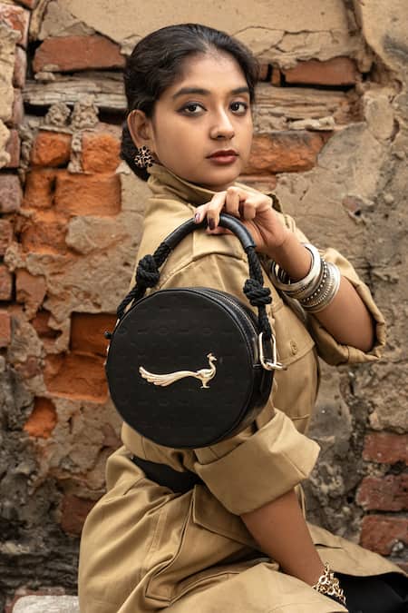 Gla_Black Embroidery Lotus Monogrammed Handbag_Online_at_Aza_Fashions