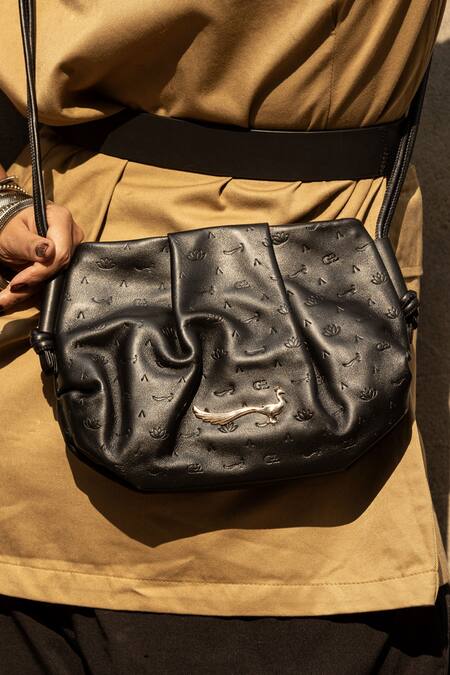 Gla_Black Embroidery Lotus Monogrammed Leather Handbag_Online_at_Aza_Fashions