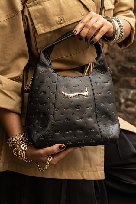 Gla_Black Lotus Monogrammed Leather Handbag_Online_at_Aza_Fashions