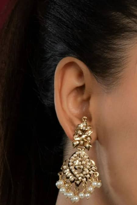 Queens Jewels_Gold Plated Stones, Pearls Toned Embellished Earrings _Online_at_Aza_Fashions