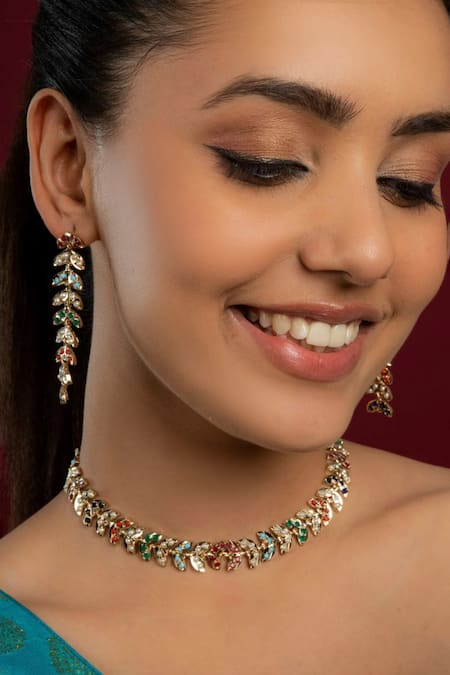 Queens Jewels_Multi Color Stones Navratan Leaf Motif Choker Set _Online_at_Aza_Fashions