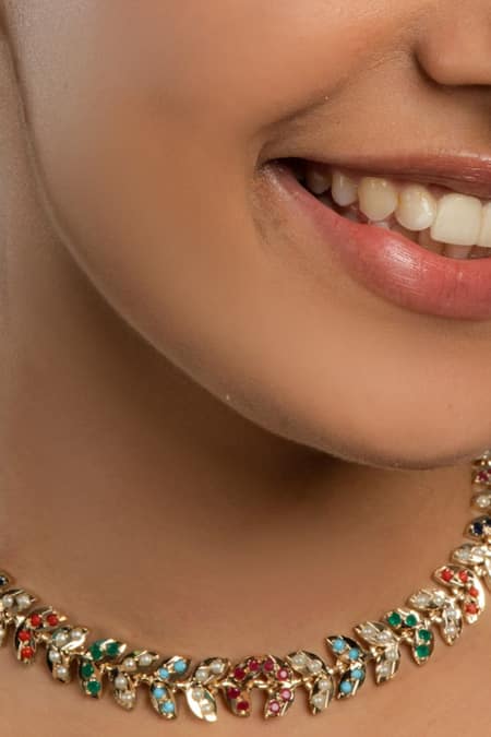 Buy_Queens Jewels_Multi Color Stones Navratan Leaf Motif Choker Set _Online_at_Aza_Fashions