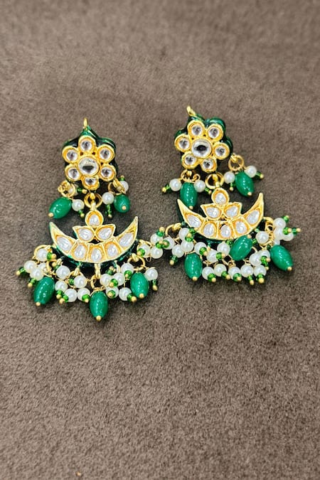 Shop Queens Jewels Green Crystals, Pearls Kundan Chandbalis at Aza Fashions Shop_Queens Jewels_Green Crystals, Pearls Kundan Chandbalis _at_Aza_Fashions