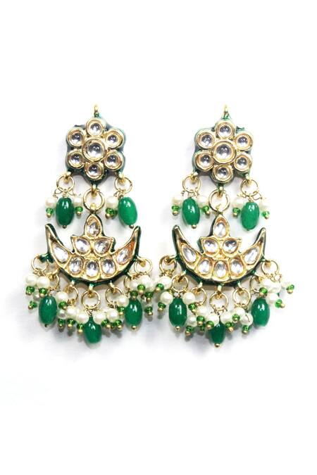 Queens Jewels_Green Crystals, Pearls Kundan Chandbalis _Online_at_Aza_Fashions