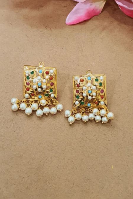 Queens Jewels Navratan Stone & Pearl Danglers 