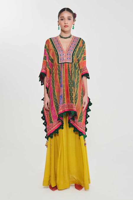 Siddhartha Bansal_Yellow Silk, Crepe Embroidery Plunge Sahara Stripe Print Kaftan And Palazzo Set _Online_at_Aza_Fashions