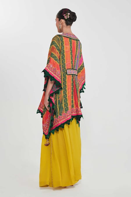 Shop_Siddhartha Bansal_Yellow Silk, Crepe Embroidery Plunge Sahara Stripe Print Kaftan And Palazzo Set _at_Aza_Fashions