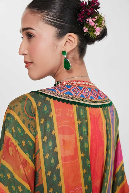 Buy_Siddhartha Bansal_Yellow Silk, Crepe Embroidery Plunge Sahara Stripe Print Kaftan And Palazzo Set _Online_at_Aza_Fashions