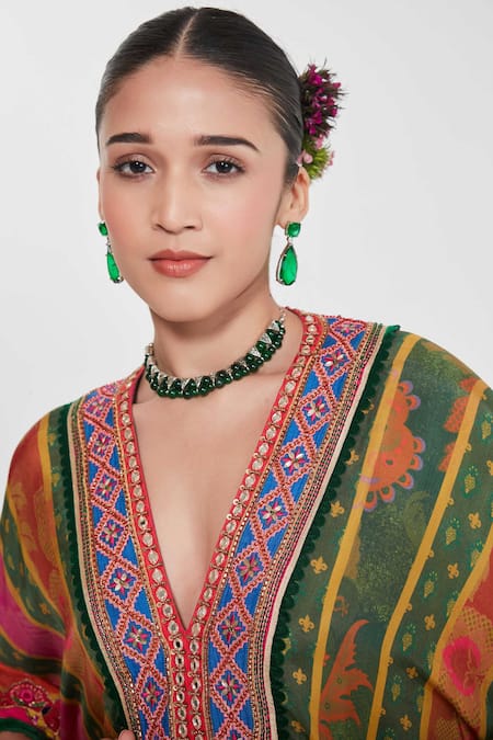 Shop_Siddhartha Bansal_Yellow Silk, Crepe Embroidery Plunge Sahara Stripe Print Kaftan And Palazzo Set _Online_at_Aza_Fashions