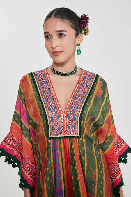 Siddhartha Bansal_Yellow Silk, Crepe Embroidery Plunge Sahara Stripe Print Kaftan And Palazzo Set _at_Aza_Fashions