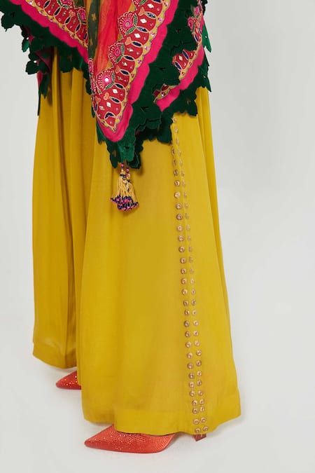 Shop_Siddhartha Bansal_Yellow Silk, Crepe Embroidery Plunge Sahara Stripe Print Kaftan And Palazzo Set 