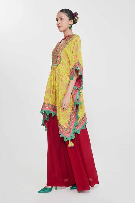 Siddhartha Bansal_Yellow Silk, Crepe V-neck Paisley Floral Print Kaftan And Palazzo Set _Online_at_Aza_Fashions