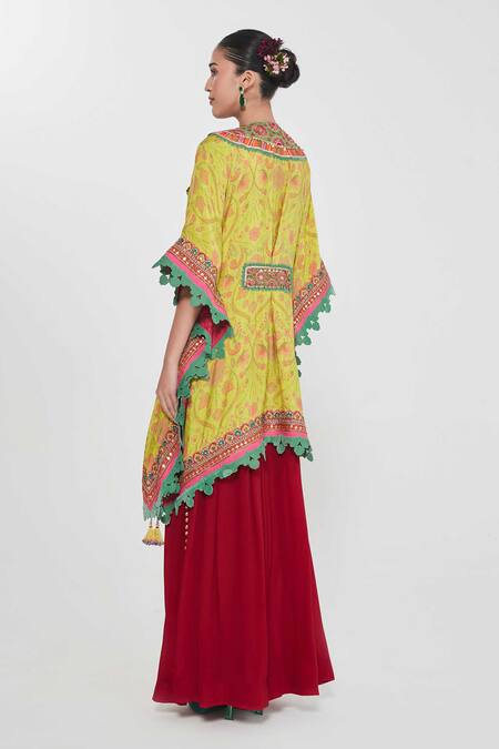 Shop_Siddhartha Bansal_Yellow Silk, Crepe V-neck Paisley Floral Print Kaftan And Palazzo Set _Online_at_Aza_Fashions