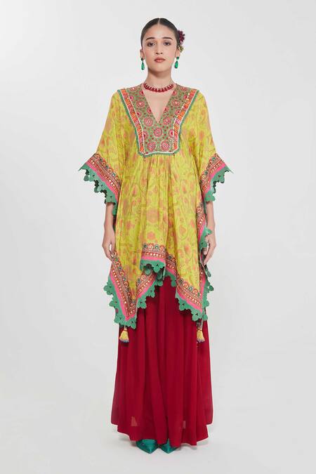 Siddhartha Bansal_Yellow Silk, Crepe V-neck Paisley Floral Print Kaftan And Palazzo Set _at_Aza_Fashions