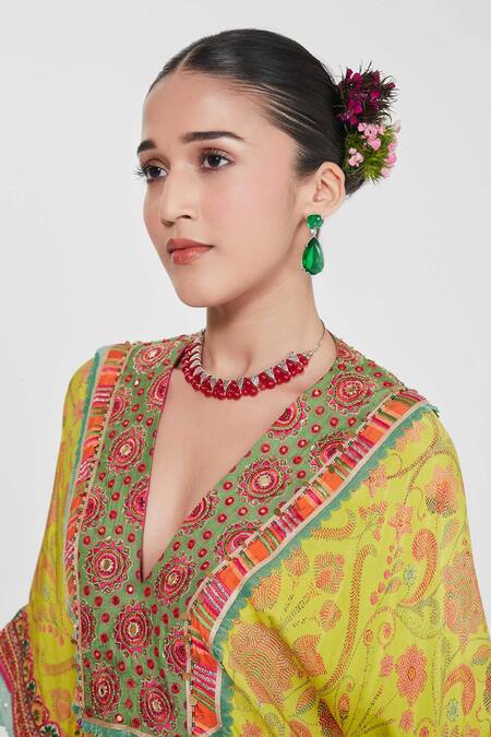 Buy_Siddhartha Bansal_Yellow Silk, Crepe V-neck Paisley Floral Print Kaftan And Palazzo Set 