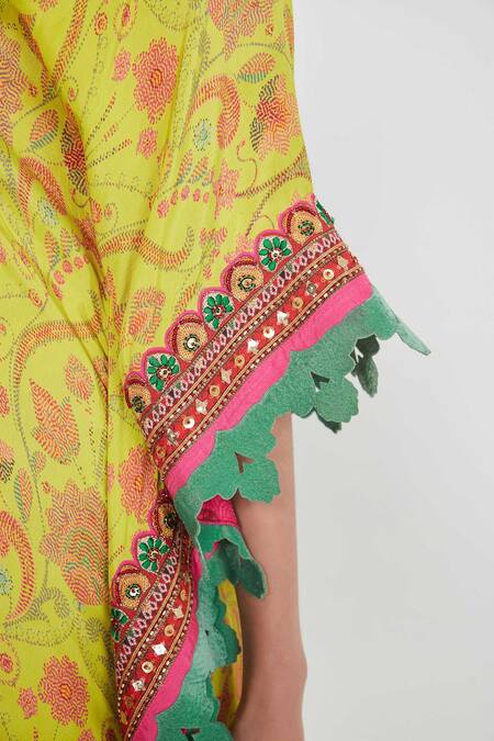 Shop_Siddhartha Bansal_Yellow Silk, Crepe V-neck Paisley Floral Print Kaftan And Palazzo Set 