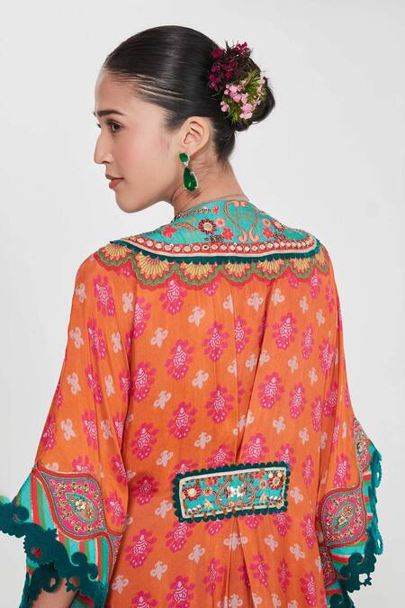 Siddhartha Bansal_Orange Silk, Crepe Embroidery, Mirrors Plunge Neck Floral Kaftan And Palazzo Set _Online_at_Aza_Fashions