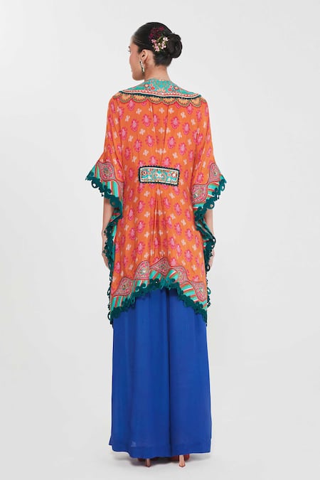 Shop_Siddhartha Bansal_Orange Silk, Crepe Embroidery, Mirrors Plunge Neck Floral Kaftan And Palazzo Set _at_Aza_Fashions