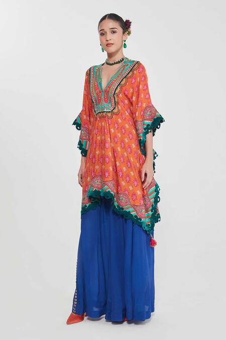 Buy_Siddhartha Bansal_Orange Silk, Crepe Embroidery, Mirrors Plunge Neck Floral Kaftan And Palazzo Set _Online_at_Aza_Fashions