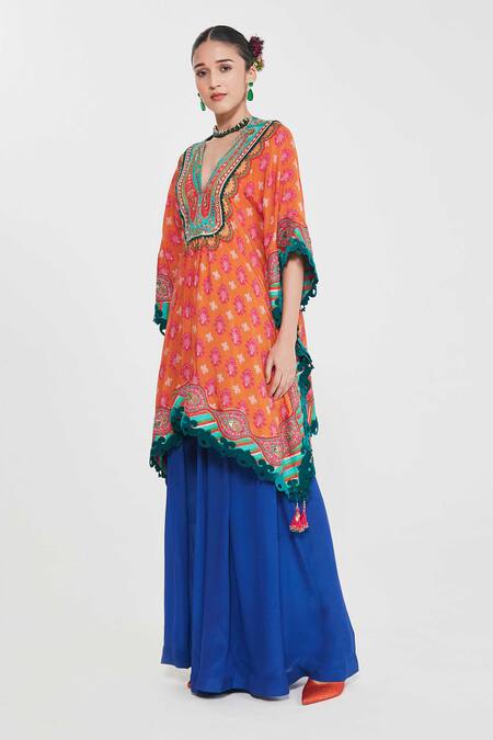 Shop_Siddhartha Bansal_Orange Silk, Crepe Embroidery, Mirrors Plunge Neck Floral Kaftan And Palazzo Set _Online_at_Aza_Fashions