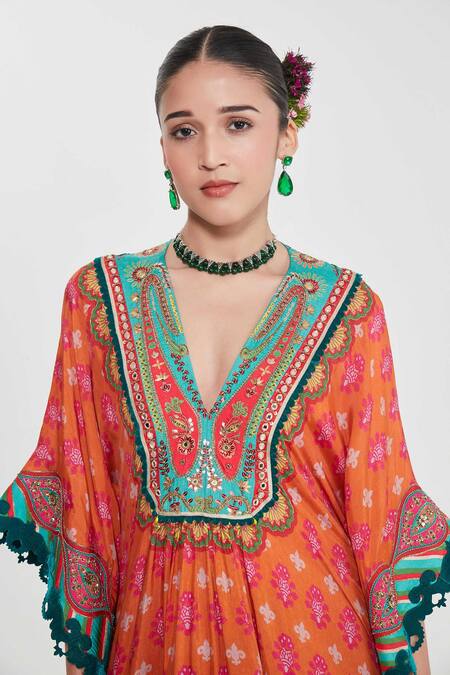Siddhartha Bansal_Orange Silk, Crepe Embroidery, Mirrors Plunge Neck Floral Kaftan And Palazzo Set _at_Aza_Fashions