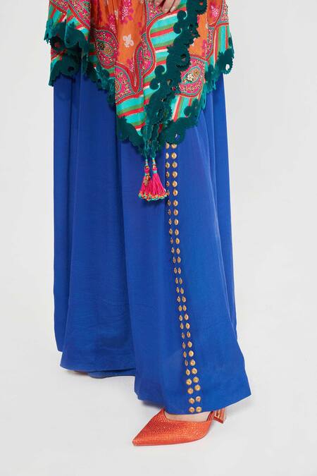 Buy_Siddhartha Bansal_Orange Silk, Crepe Embroidery, Mirrors Plunge Neck Floral Kaftan And Palazzo Set 