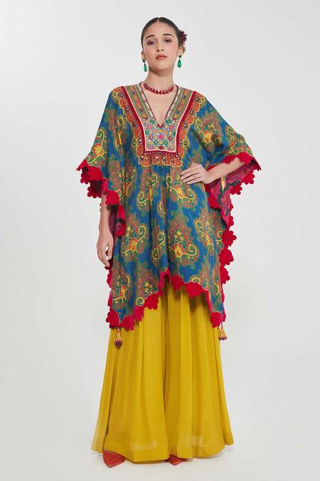 Siddhartha Bansal_Blue Silk, Crepe Tassels Plunge Neck Paisley Floral Print Kaftan And Palazzo Set _Online_at_Aza_Fashions