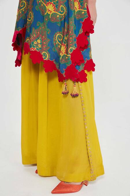 Buy_Siddhartha Bansal_Blue Silk, Crepe Tassels Plunge Neck Paisley Floral Print Kaftan And Palazzo Set _Online_at_Aza_Fashions