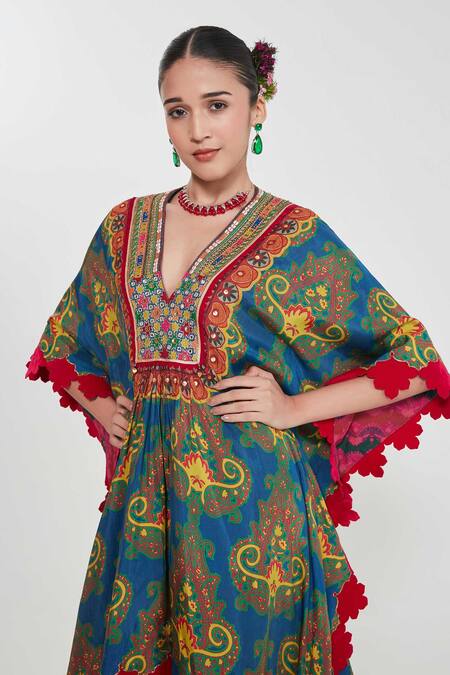 Shop_Siddhartha Bansal_Blue Silk, Crepe Tassels Plunge Neck Paisley Floral Print Kaftan And Palazzo Set _Online_at_Aza_Fashions