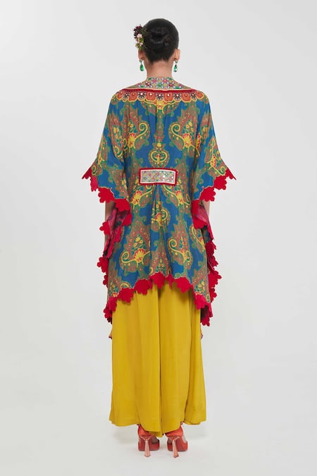 Shop_Siddhartha Bansal_Blue Silk, Crepe Tassels Plunge Neck Paisley Floral Print Kaftan And Palazzo Set _at_Aza_Fashions