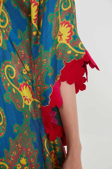 Siddhartha Bansal_Blue Silk, Crepe Tassels Plunge Neck Paisley Floral Print Kaftan And Palazzo Set _at_Aza_Fashions