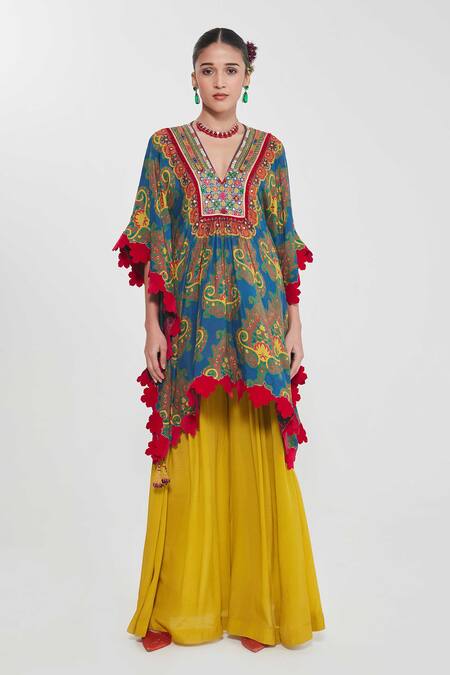 Buy_Siddhartha Bansal_Blue Silk, Crepe Tassels Plunge Neck Paisley Floral Print Kaftan And Palazzo Set 