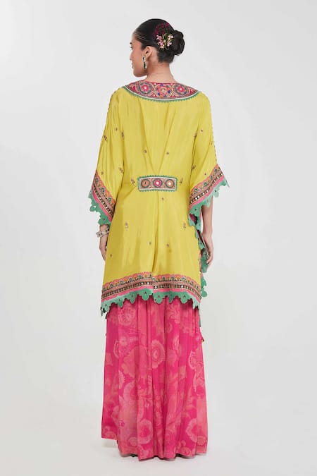 Shop_Siddhartha Bansal_Yellow Silk, Crepe Embroidery Plunge Neck Kaftan And Palazzo Set _at_Aza_Fashions