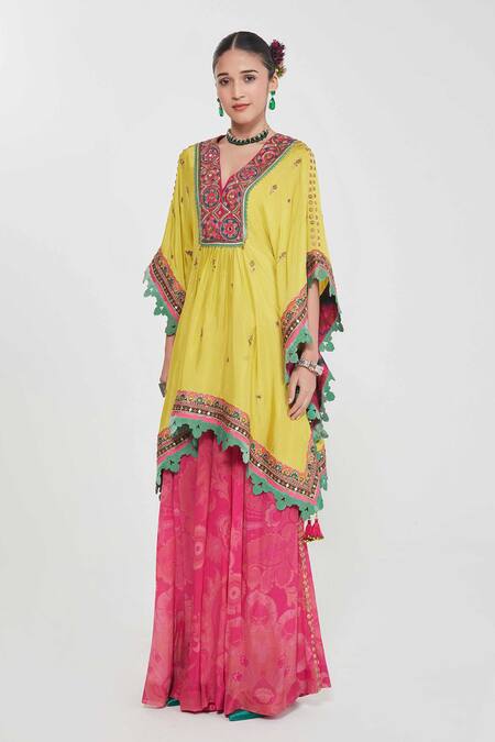 Siddhartha Bansal_Yellow Silk, Crepe Embroidery Plunge Neck Kaftan And Palazzo Set _Online_at_Aza_Fashions