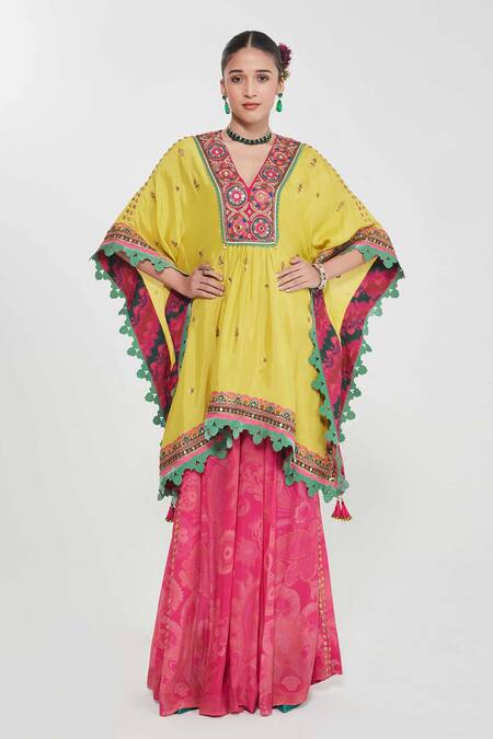 Buy_Siddhartha Bansal_Yellow Silk, Crepe Embroidery Plunge Neck Kaftan And Palazzo Set _Online_at_Aza_Fashions