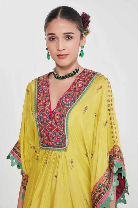 Siddhartha Bansal_Yellow Silk, Crepe Embroidery Plunge Neck Kaftan And Palazzo Set _at_Aza_Fashions