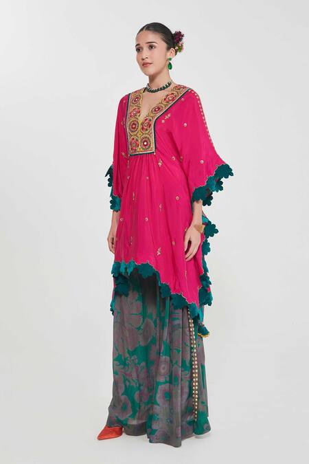 Siddhartha Bansal_Pink Silk, Crepe Sequins, Mirrors Plunge Rani Embroidered Kaftan And Palazzo Set _Online_at_Aza_Fashions