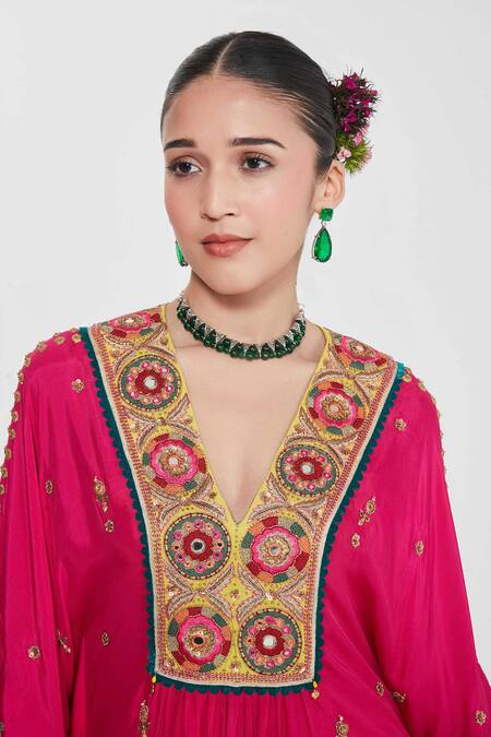 Buy_Siddhartha Bansal_Pink Silk, Crepe Sequins, Mirrors Plunge Rani Embroidered Kaftan And Palazzo Set _Online_at_Aza_Fashions