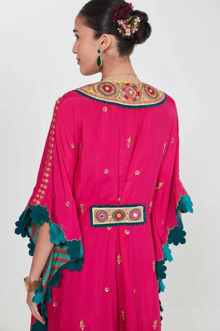 Shop_Siddhartha Bansal_Pink Silk, Crepe Sequins, Mirrors Plunge Rani Embroidered Kaftan And Palazzo Set _Online_at_Aza_Fashions