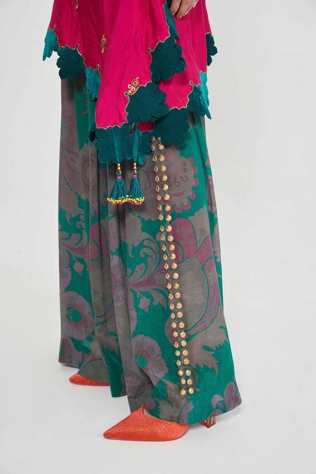 Siddhartha Bansal_Pink Silk, Crepe Sequins, Mirrors Plunge Rani Embroidered Kaftan And Palazzo Set _at_Aza_Fashions